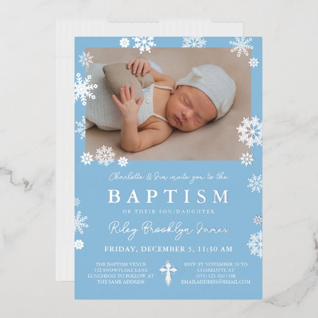 Navy Blue Snowflakes Photo Winter Baptism Silver Foil Invitation (Envelope)