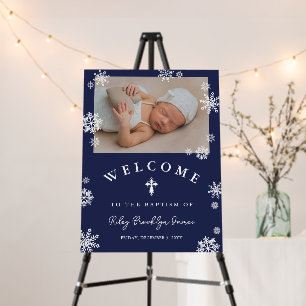 Navy Blue Snowflakes Photo Winter Baptism Welcome Foam Board