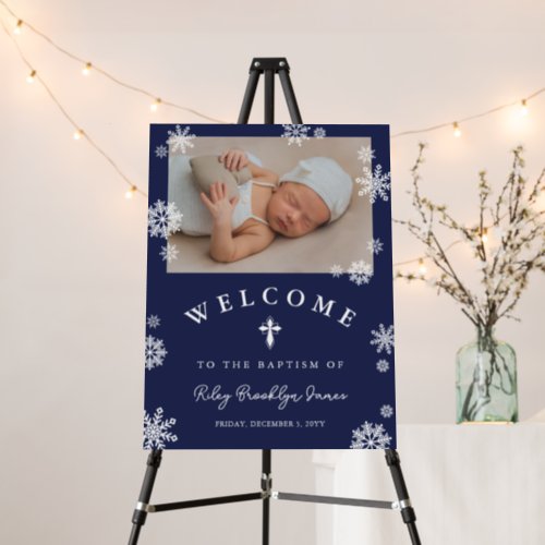 Navy Blue Snowflakes Photo Winter Baptism Welcome Foam Board