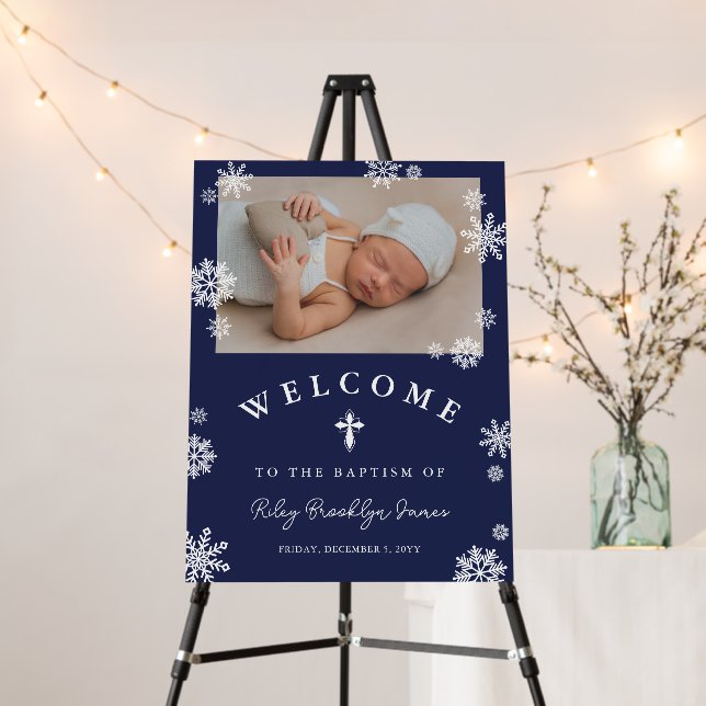 Navy Blue Snowflakes Photo Winter Baptism Welcome Foam Board (In Situ (Stand))