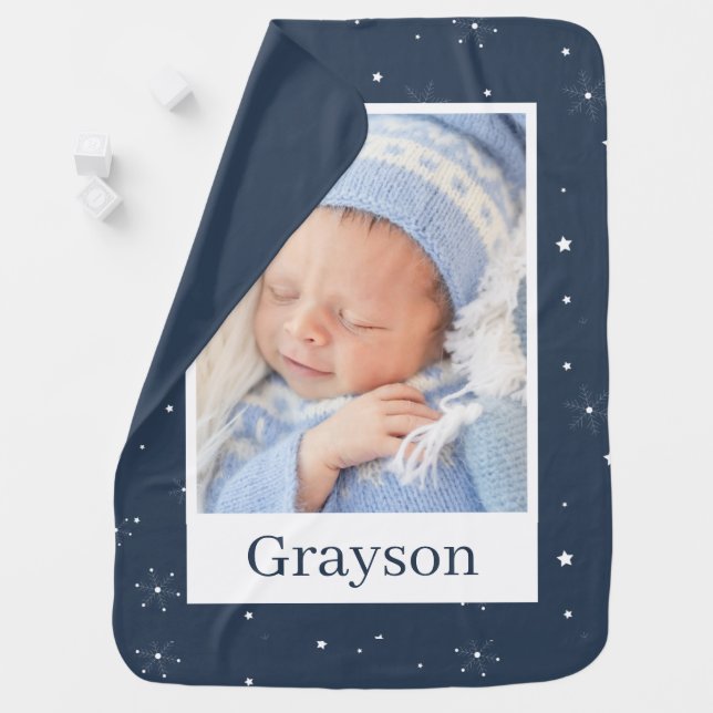 Navy Blue Snowflakes Stars Newborn Photo Boy Baby Blanket (In Situ)