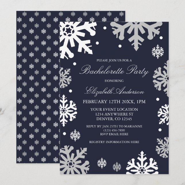 Navy Blue Snowflakes Winter Bachelorette Party Invitation (Front/Back)
