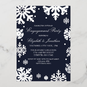 Navy Blue Snowflakes Winter Engagement Party Foil Invitation
