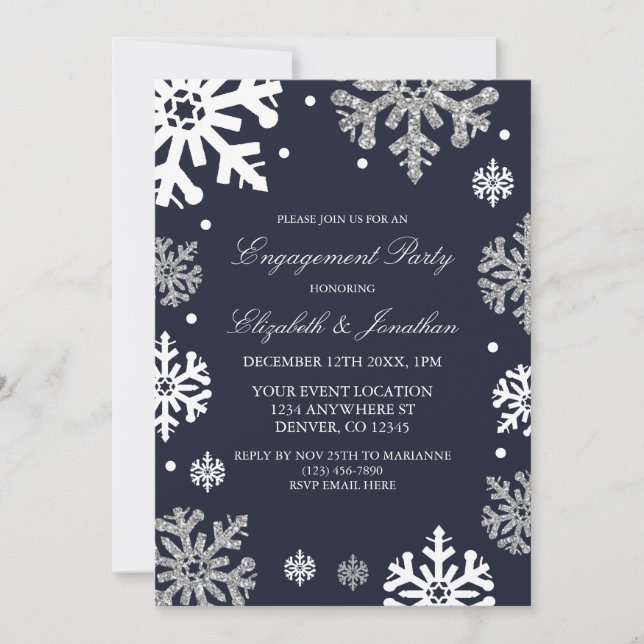 Navy Blue Snowflakes Winter Engagement Party Invitation (Front)