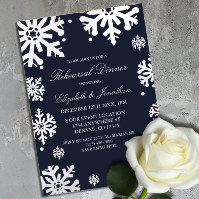 Navy Blue Snowflakes Winter Rehearsal Dinner Foil Invitation (Creator Uploaded)