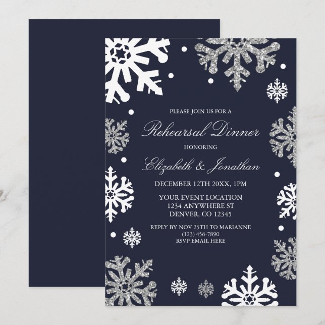 Navy Blue Snowflakes Winter Rehearsal Dinner Invitation (Front/Back)