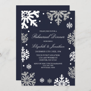 Navy Blue Snowflakes Winter Rehearsal Dinner Invitation
