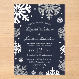 Navy Blue Snowflakes Winter Wedding Acrylic Invitations