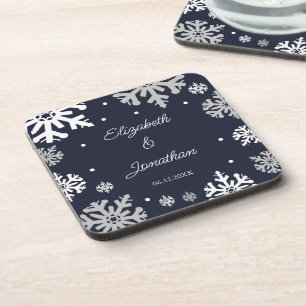 Navy Blue Snowflakes Winter Wedding Beverage Coaster