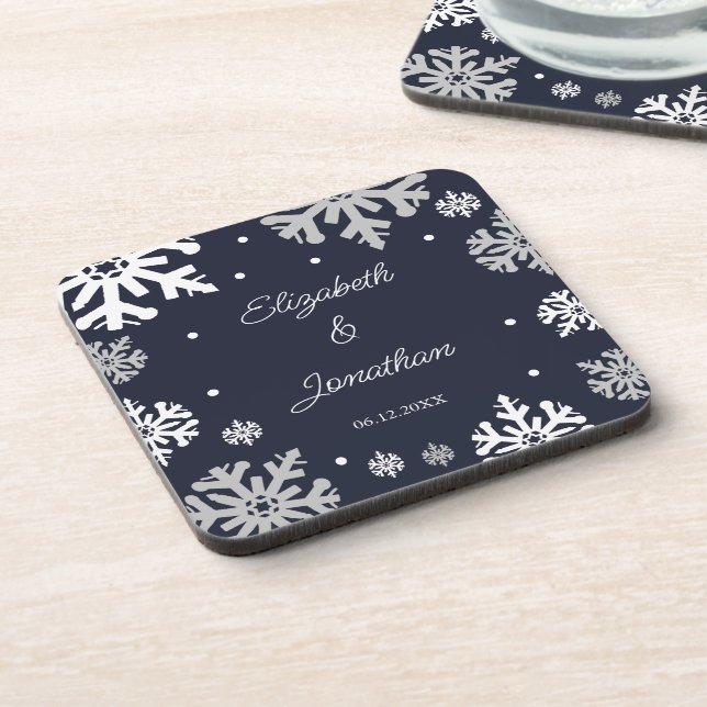 Navy Blue Snowflakes Winter Wedding Beverage Coaster (Left Side)
