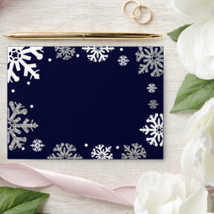 Navy Blue Snowflakes Winter Wedding Envelope