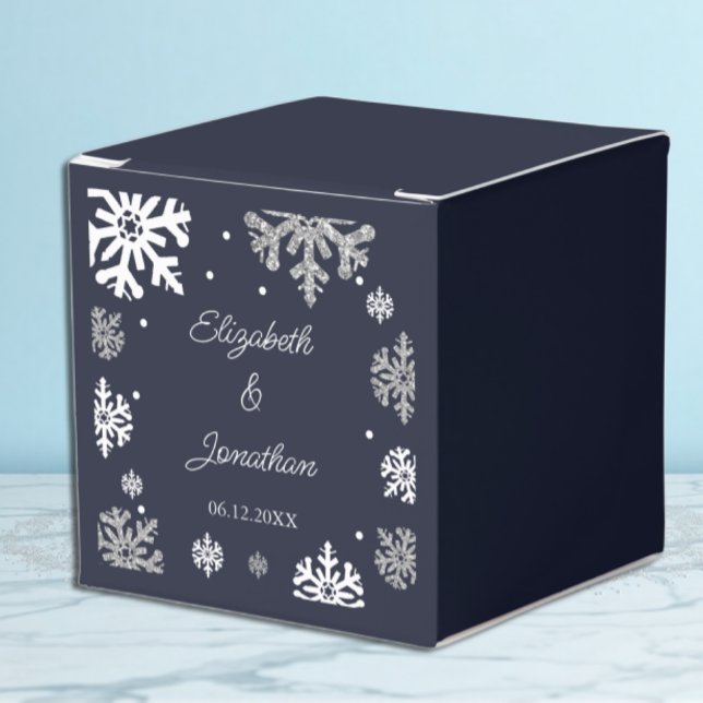 Navy Blue Snowflakes Winter Wedding Favor Boxes (Creator Uploaded)