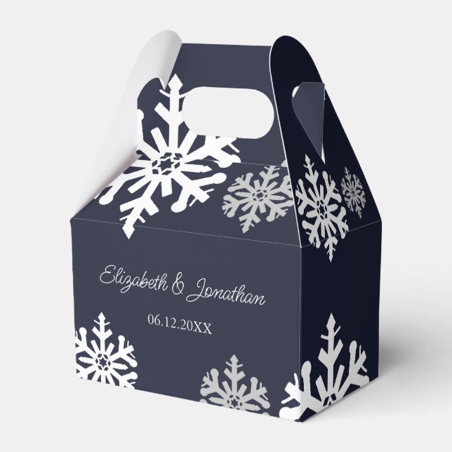 Navy Blue Snowflakes Winter Wedding Favor Boxes (Front Side)