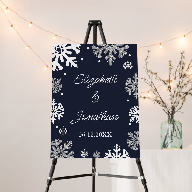 Navy Blue Snowflakes Winter Wedding Foam Board (In Situ (Stand))
