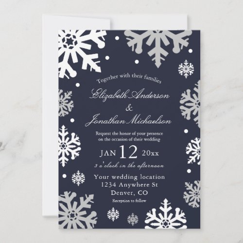 Navy Blue Snowflakes Winter Wedding Invitation