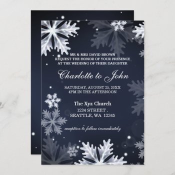 Navy Blue Snowflakes Winter Wedding Invitation by blessedwedding at Zazzle