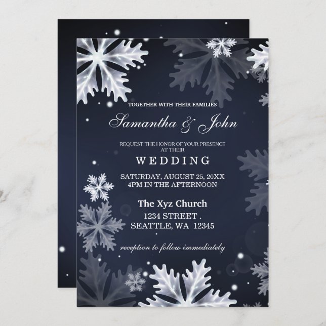 Navy Blue snowflakes winter wedding invitation (Front/Back)