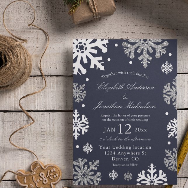 Navy Blue Snowflakes Winter Wedding Invitation (Creator Uploaded)
