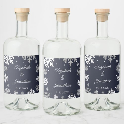 Navy Blue Snowflakes Winter Wedding Liquor Bottle Label