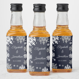 Navy Blue Snowflakes Winter Wedding Liquor Bottle Label