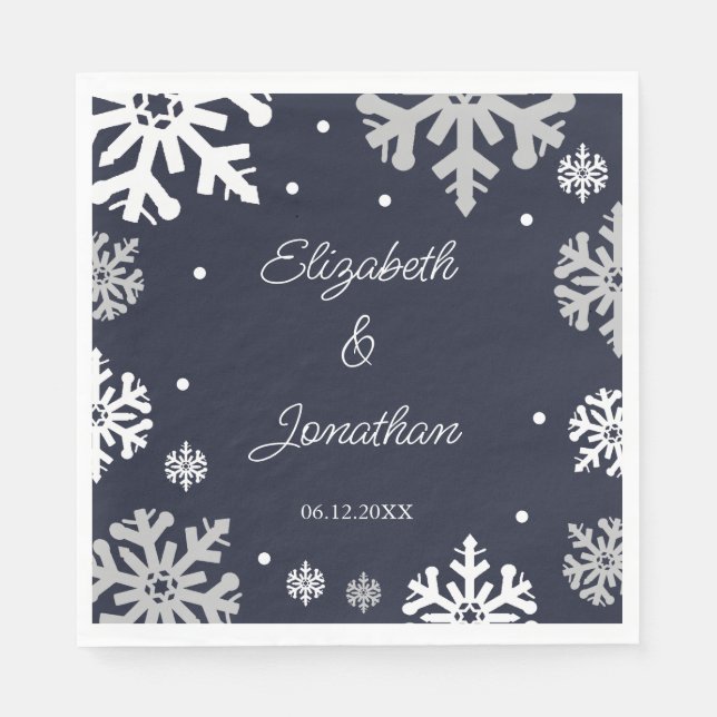 Navy Blue Snowflakes Winter Wedding Napkins (Front)