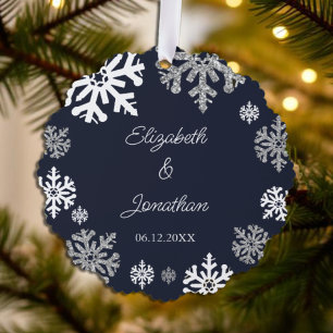 Navy Blue Snowflakes Winter Wedding Ornament Card