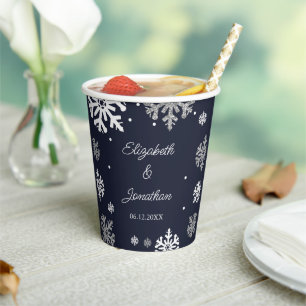 Navy Blue Snowflakes Winter Wedding Paper Cups