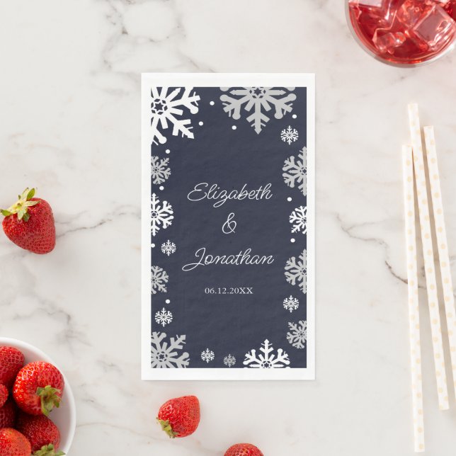 Navy Blue Snowflakes Winter Wedding Paper Guest Towels (Insitu)