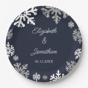 Navy Blue Snowflakes Winter Wedding Paper Plates