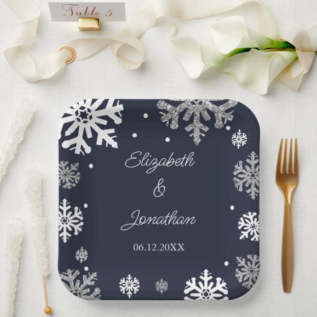 Navy Blue Snowflakes Winter Wedding Paper Plates (Wedding)