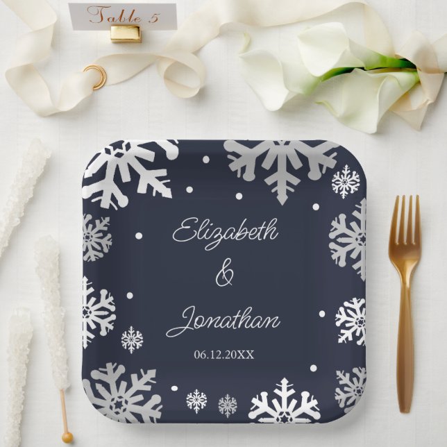 Navy Blue Snowflakes Winter Wedding Paper Plates (Wedding)