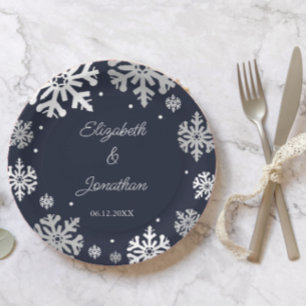 Navy Blue Snowflakes Winter Wedding Paper Plates