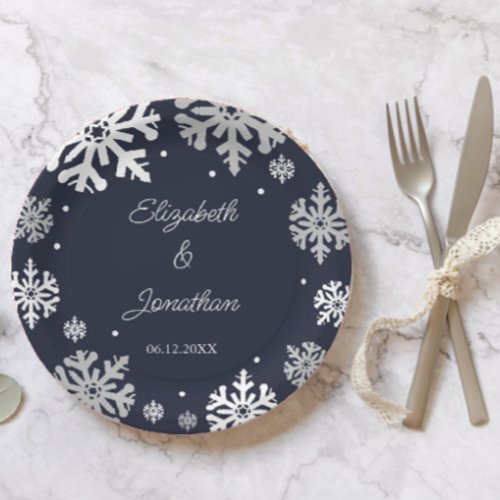 Navy Blue Snowflakes Winter Wedding Paper Plates