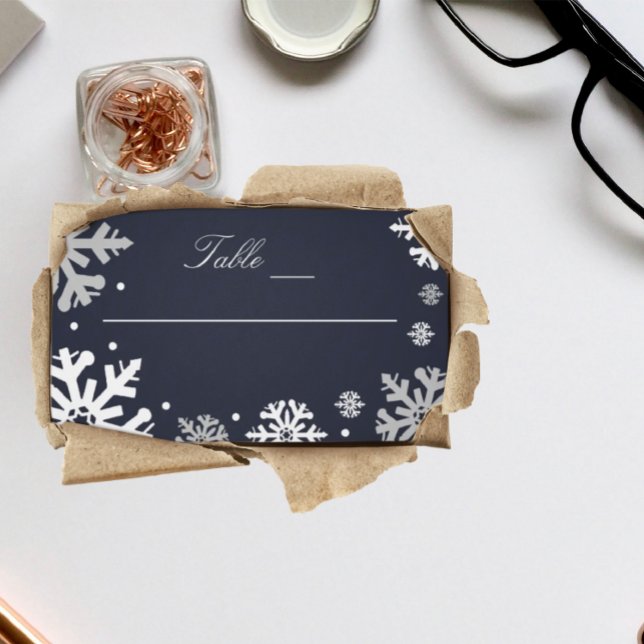 Navy Blue Snowflakes Winter Wedding Place Card (Creator Uploaded)