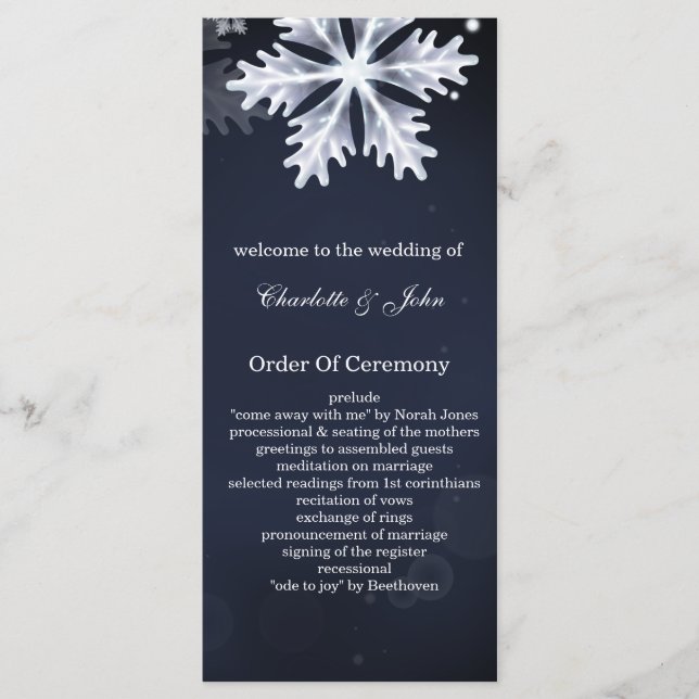 navy blue snowflakes winter wedding programs (Front)
