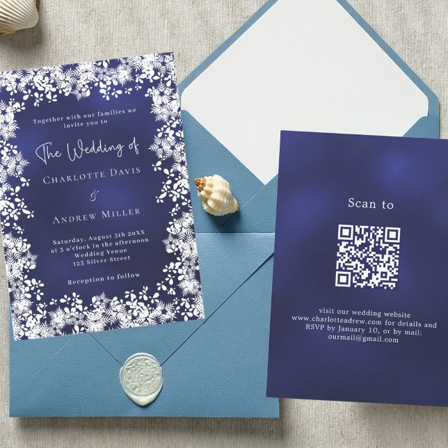 Navy blue snowflakes winter wedding QR code RSVP Invitation (Creator Uploaded)
