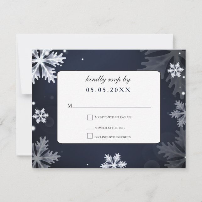 Navy Blue snowflakes winter wedding rsvp (Front)