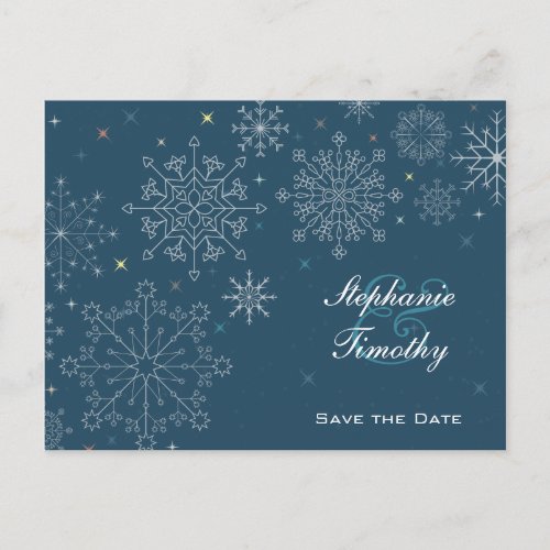 Navy blue snowflakes winter wedding save the date announcement postcard