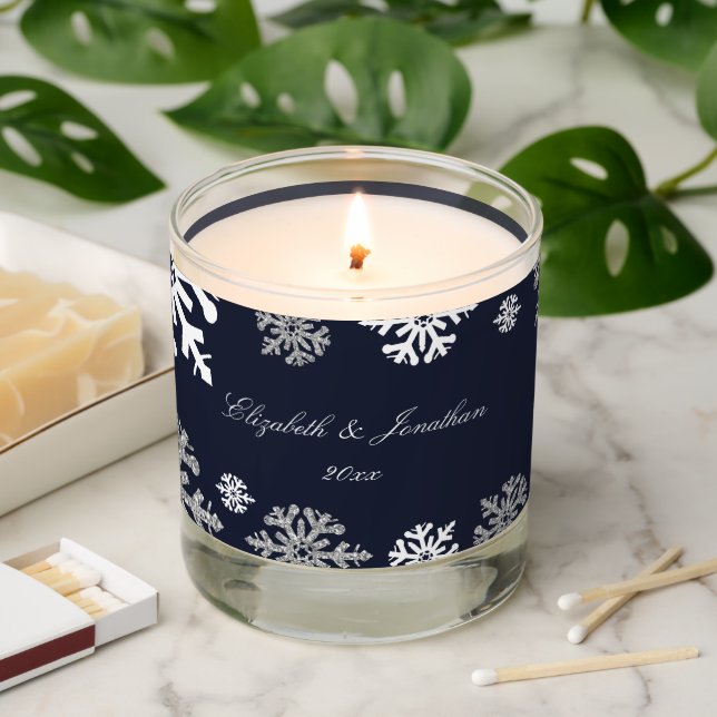 Navy Blue Snowflakes Winter Wedding Scented Candle (Lit)