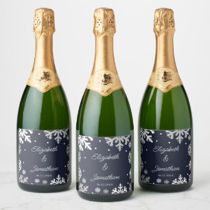 Navy Blue Snowflakes Winter Wedding Sparkling Wine Label