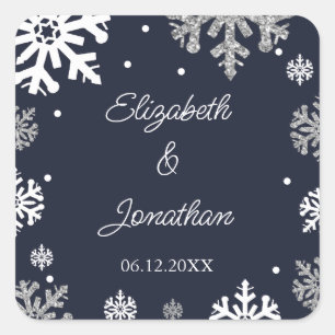 Navy Blue Snowflakes Winter Wedding Square Sticker