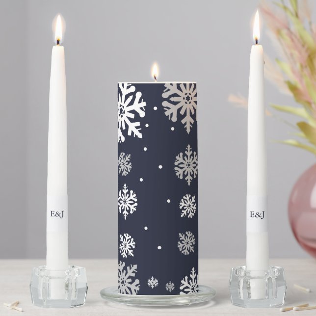 Navy Blue Snowflakes Winter Wedding Unity Candle Set (In Situ)