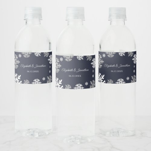Navy Blue Snowflakes Winter Wedding Water Bottle Label