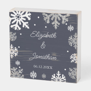 Navy Blue Snowflakes Winter Wedding Wooden Box Sign