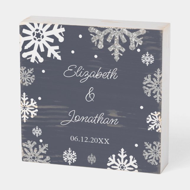 Navy Blue Snowflakes Winter Wedding Wooden Box Sign (Angled Horizontal)