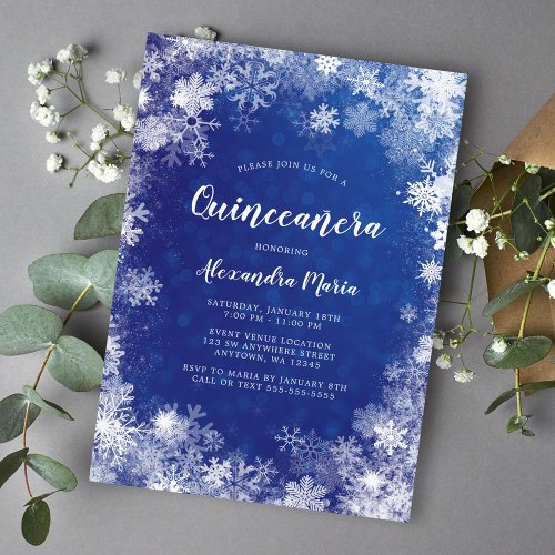 Navy Blue Snowflakes Winter Wonderland Quinceanera Invitation