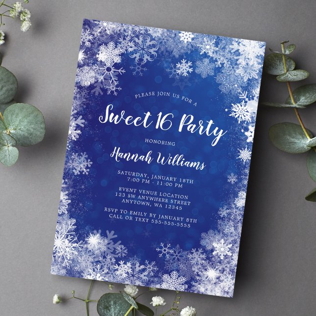 Navy Blue Snowflakes Winter Wonderland Sweet 16 Invitation