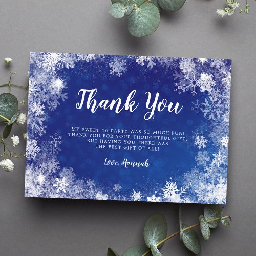 Navy Blue Snowflakes Winter Wonderland Sweet 16 Thank You Card