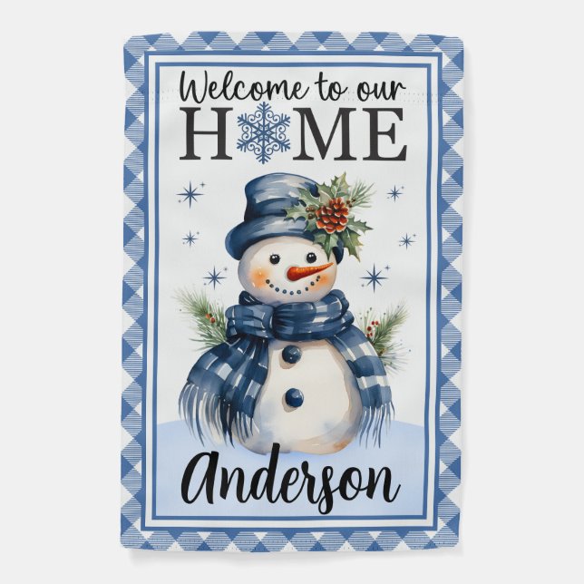 Navy Blue Snowman Winter Welcome Garden Flag (Front)