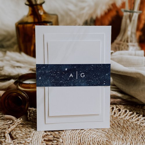 Navy Blue Snowy Winter Night Monogram Wedding Invitation Belly Band